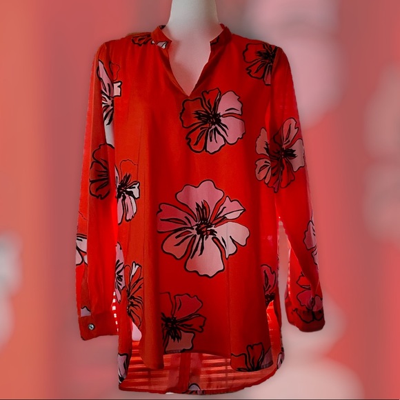 Vince Camuto Tops - Vince Camuto Bright Orange & Pink Tropcial Hibiscus Blooms Blouse